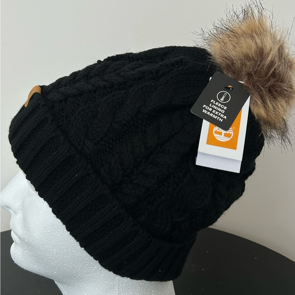 Timberland Women’s Black Autumn Woods Cable Cozy Fleece lined Beanie W/Pom NEW - Picture 1 of 8